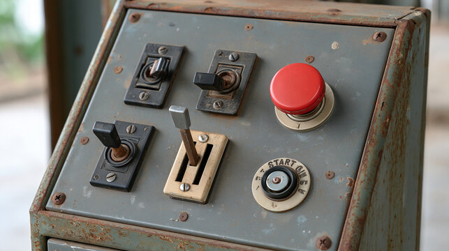 Weathered industrial machine control panel with mechanical switches, levers, start control and emergency stop button, photographed in bright even light without identifying text, control