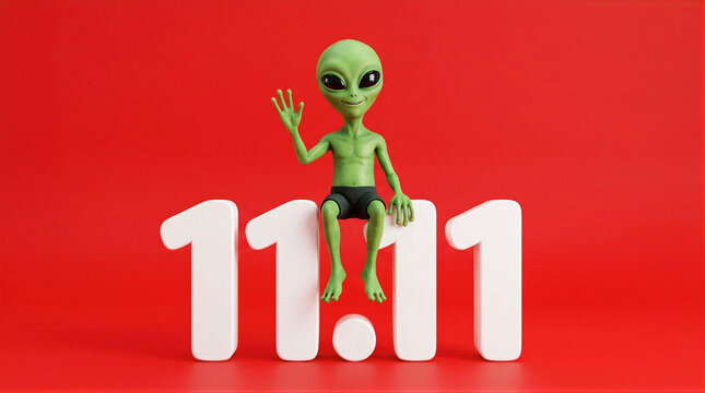 An extraterrestrial alien sits on top of large 11.11 lettering while waving. The bright red background creates a bold contrast with the green figure and white numbers.