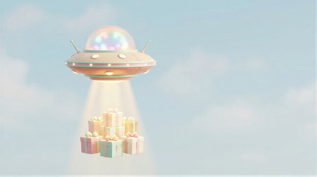A cute spaceship beams up a stack of colorful wrapped gift boxes against a pastel sky. This whimsical scene features a floating ufo delivering presents for a special sale.