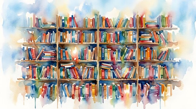A brightly colored bookshelf overflowing with books forms an abstract artistic wall design full of visual energy