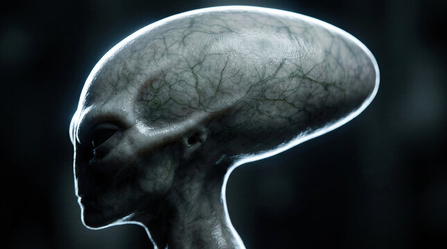 An alien stares into the distance with a glowing profile. The creature features a translucent grey head and intricate vein patterns. It represents mysterious space exploration.