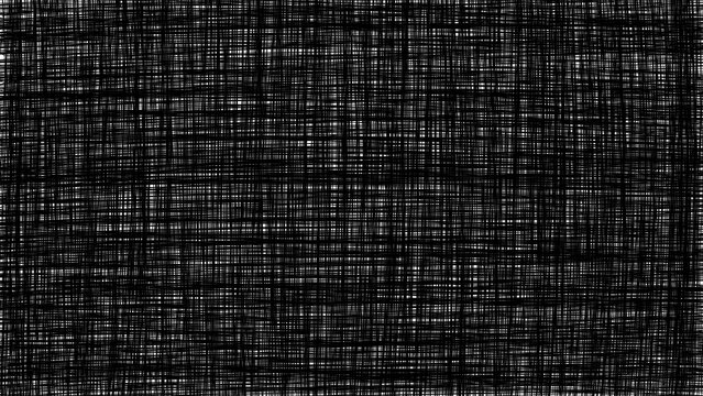 Dense black-and-white abstract texture made of countless overlapping horizontal and vertical lines, creating a woven grid effect.

