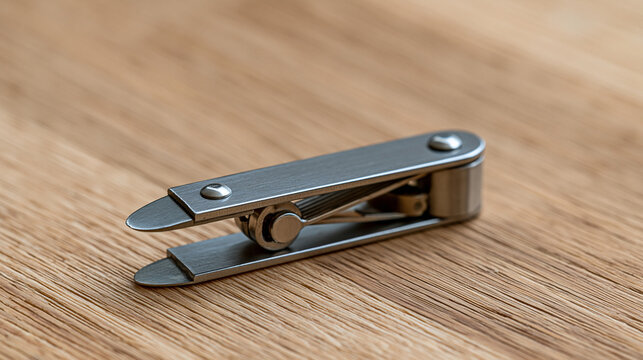 Open stainless steel nail clipper on a light wooden surface, bright macro view highlighting cutting edges, integrated file and compact lever mechanism, nail clipper, grooming tool,