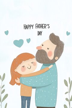 Happy Father's Day illustration with father and child hugging, cute characters, hearts