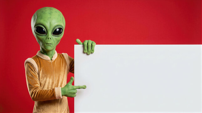 Green alien points at a large empty white placard against a red background. The extraterrestrial creature wears a brown suit while holding a blank sign for custom text.