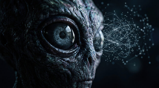 Alien observes a floating glowing digital structure representing complex data. The creature has textured dark skin and a large realistic eye. This signifies futuristic sales.