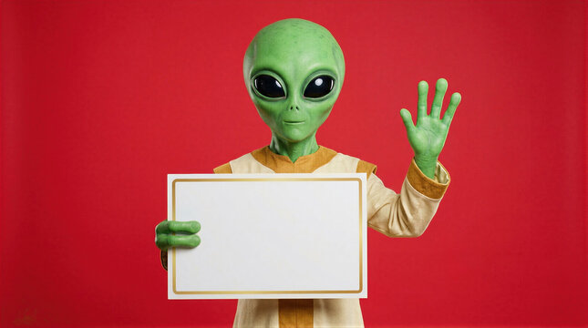 Alien holds a blank white sign while waving its hand. The extraterrestrial creature stands against a bright red background. This shows a space theme for Black Friday sale.