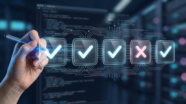 Hand using digital pen to interact with futuristic checklist interface showing successful completion and errors for software testing and quality assurance in modern data center