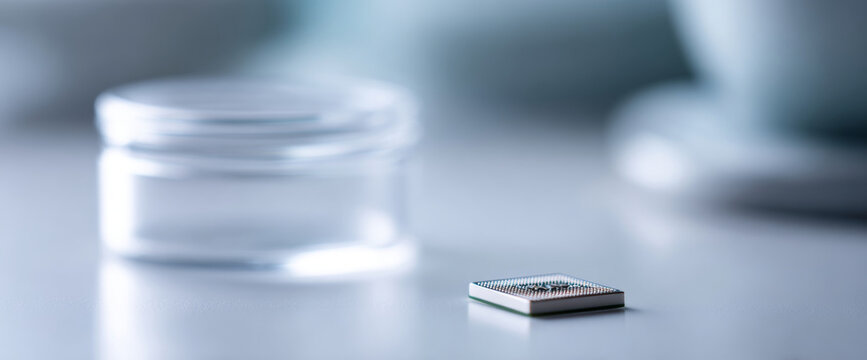 Microchip on white surface with container