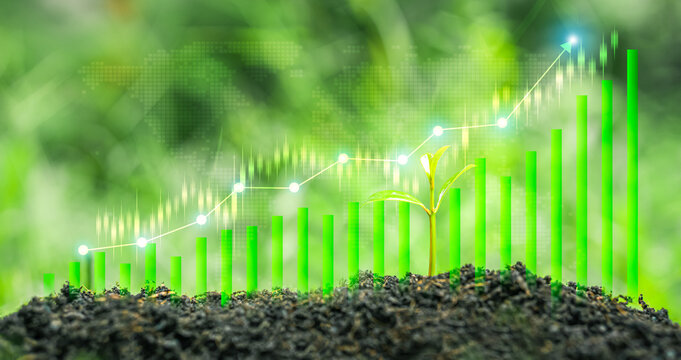 An image illustrating the financial growth of an eco-friendly business that prioritizes ESG principles, featuring a green seedling sprouting from the soil alongside an upward-trending line graph and b