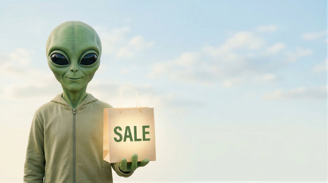 Alien holds a shopping bag with a sale sign against a clear sky. The extraterrestrial creature wears a green hoodie while promoting special retail discounts.