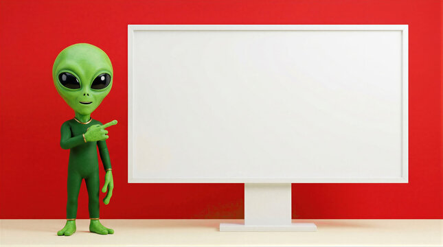 Alien points his finger at an empty white frame on a red wall. This extraterrestrial character stands next to a large blank board with plenty of space for text.