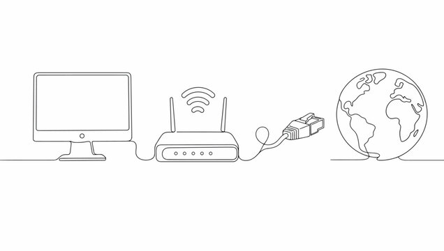 Continuous line art vector of computer, router, ethernet cable and globe representing internet connection