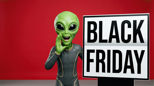 Alien points at a sign advertising Black Friday sale. The green character stands against a bright red background. This funny concept promotes holiday retail shopping event.
