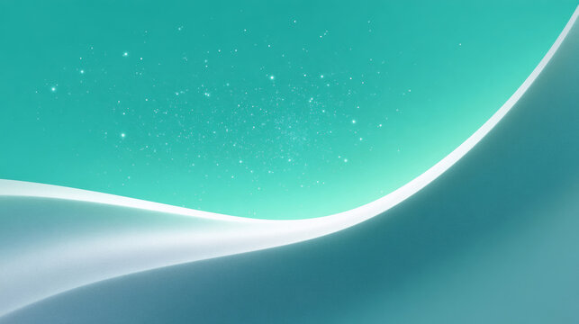 Abstract smooth curved shapes with glowing edges and sparkling particles on turquoise gradient background