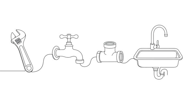 One line art vector illustration of plumbing tools, adjustable wrench, water tap, pipe fitting and sink continuous line drawing