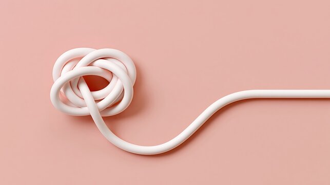 White cable tied in knot on pastel pink background for concept of complexity and problem solving