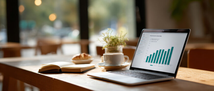 Laptop displaying bar chart on wooden table with open book, coffee cup, and pastry in cozy cafe environment
