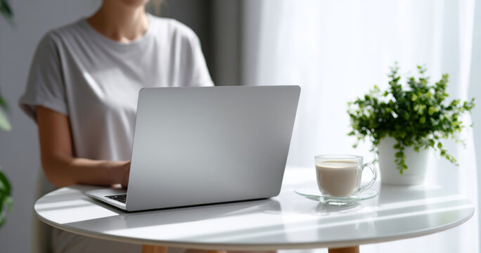 Woman working on laptop at white round table with cup of coffee and green potted plant in bright natural light