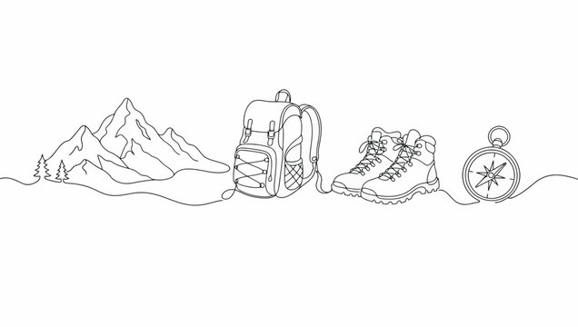Continuous line drawing of mountain landscape with hiking backpack, trekking boots and compass, adventure travel concept, vector illustration