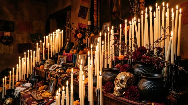 Day of the Dead altar with candles, skulls, and flowers