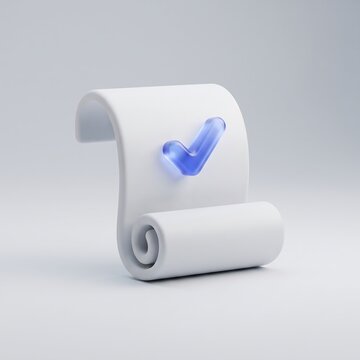 3D Payment Confirmation Receipt Icon White Curved Paper Scroll with Blue Glass Checkmark for UI UX