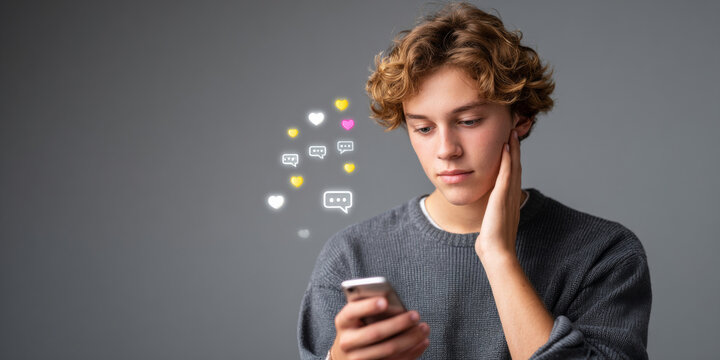 Teenage boy using smartphone with social media icons floating around, isolated on gray background, digital communication concept