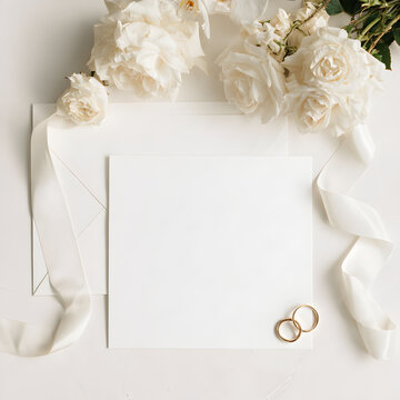 Elegant White Wedding Invitation with Roses and Wedding Rings on a Minimal Background