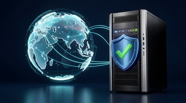 Global cybersecurity network concept with secure server tower, digital earth globe, and glowing shield with checkmark for data protection and safe internet connection