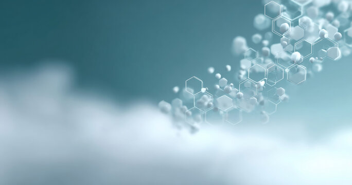 Abstract molecular structure with hexagonal chemical bonds floating in a soft blue and white blurred background