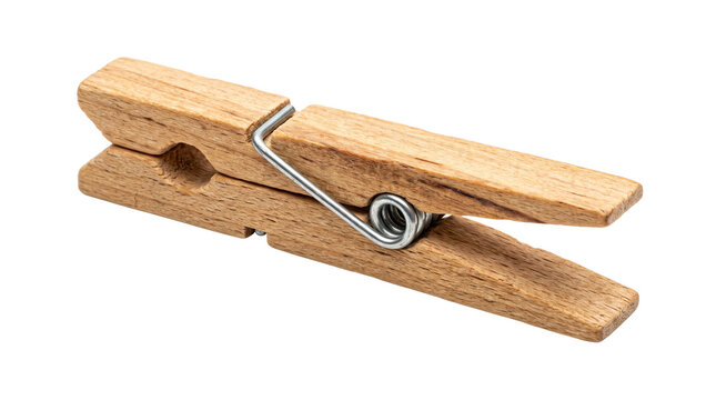 Wooden clothespin with metal spring, classic laundry peg for hanging clothes, natural wood fastener for household chores isolated PNG with Transparent Background