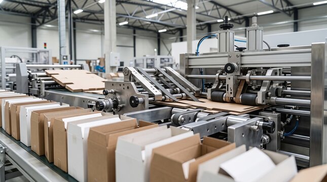 Industrial machine folding cardboard boxes on a production line inside a busy manufacturing factory facility plant