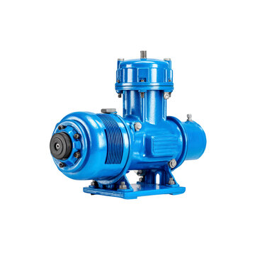 Blue industrial electric water pump isolated on transparent background. Industrial piston compressor or hydraulic pump. Water vortex pump with electric motor. PNG