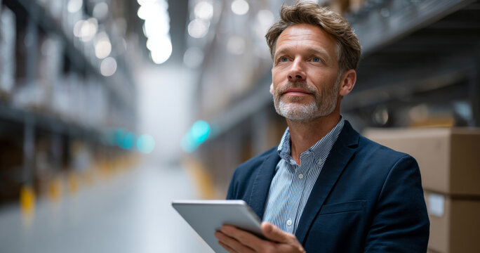 Confident middle-aged businessman using digital tablet in modern warehouse with shelves and boxes in background