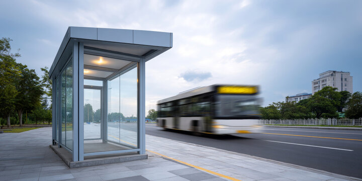 Modern glass bus stop shelter on urban street with blurred moving city bus and cloudy sky background