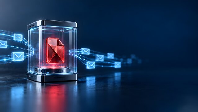 Email security concept with glowing red folder inside protective glass box deflecting cyber threats and protecting sensitive messages in futuristic digital environment