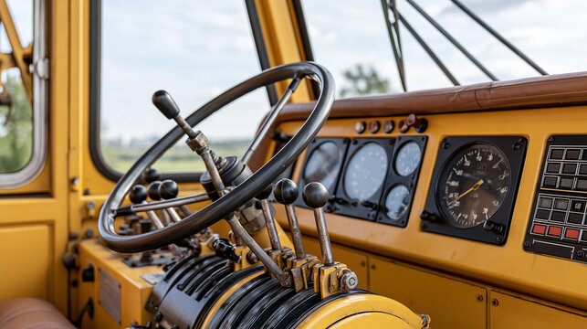 Vintage mobile crane operator cabin with multiple mechanical control levers and analog dashboard panels, photographed in bright neutral daylight, crane cabin, control levers, dashboard,