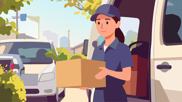 配送車のそばで荷物を持つ女性ドライバー_1920x1080px