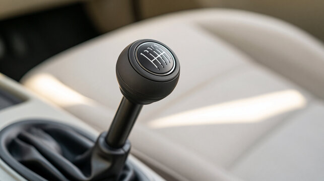 Manual transmission gear shift knob with clear gear pattern in a bright well-lit car cabin, close-up automotive control detail with neutral upholstery, gear shift, manual transmission,