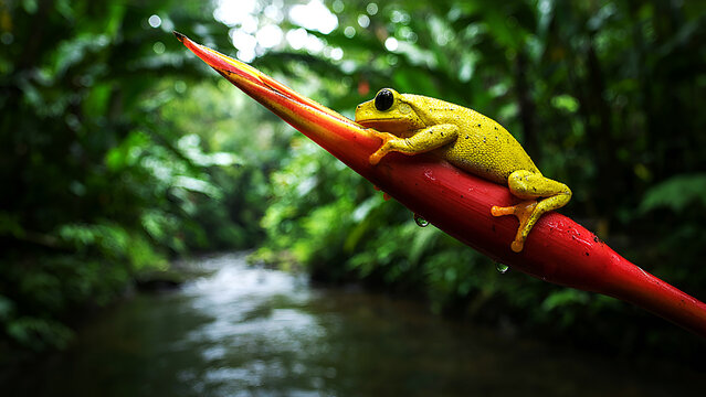 Yellow tree frog rests on a red heliconia leaf