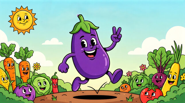 Happy cartoon eggplant character jumping in a vegetable farm illustration