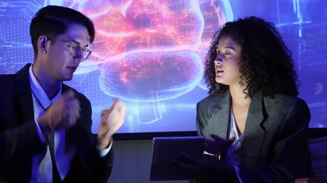 Business team discussing and using technology artificial intelligence with digital Ai assistant. Futuristic innovation AI technology collaboration and ideas for future. Business Tech Startup meeting.