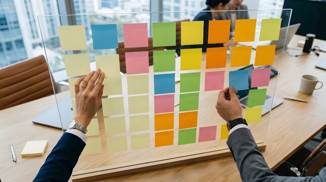 Business colleagues collaborating on a project using colorful sticky notes on a glass board