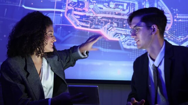Business team discussing and using technology artificial intelligence with digital Ai assistant. Futuristic innovation AI technology collaboration and ideas for future. Business Tech Startup meeting.
