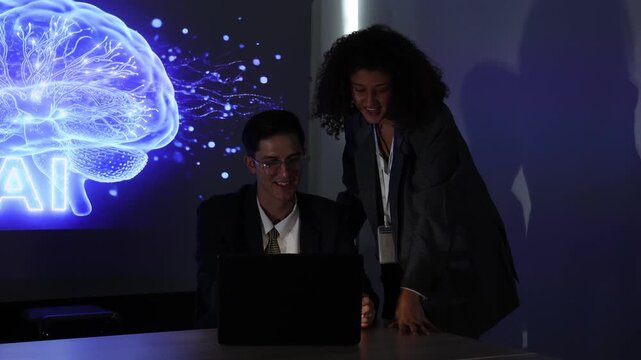 Business team discussing and using technology artificial intelligence with digital Ai assistant. Futuristic innovation AI technology collaboration and ideas for future. Business Tech Startup meeting.