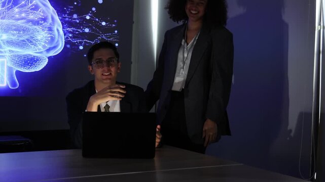 Business team discussing and using technology artificial intelligence with digital Ai assistant. Futuristic innovation AI technology collaboration and ideas for future. Business Tech Startup meeting.