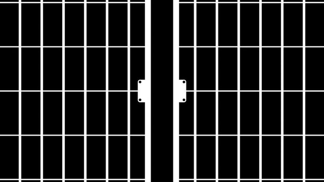 Prison cell bars opening transition, cinematic jail gate sliding open effect, security door opening animation for crime and justice themes