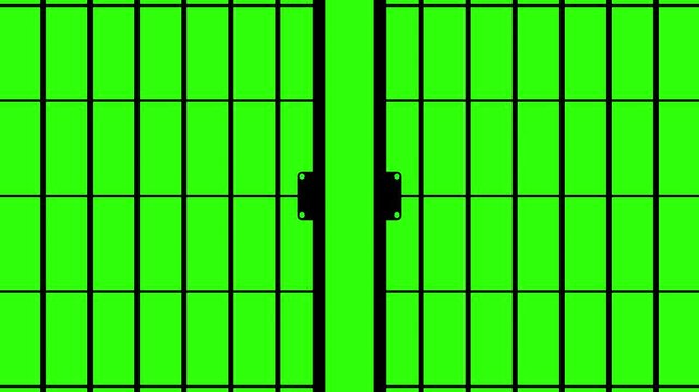 Prison cell bars opening transition on green screen, jail gate reveal effect