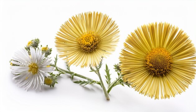 Yellow Silver Ragwort Dusty Miller Flowers Botanical Card With Full Flower And Enlarged Detail Isolated On White Background