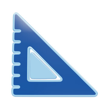 Blue plastic triangle ruler drafting tool with beveled edges and cutout center isolated on a transparent background